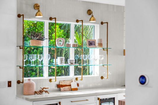 Custom Glass & Brass Shelving: Modern, Made-to-Order Elegance
