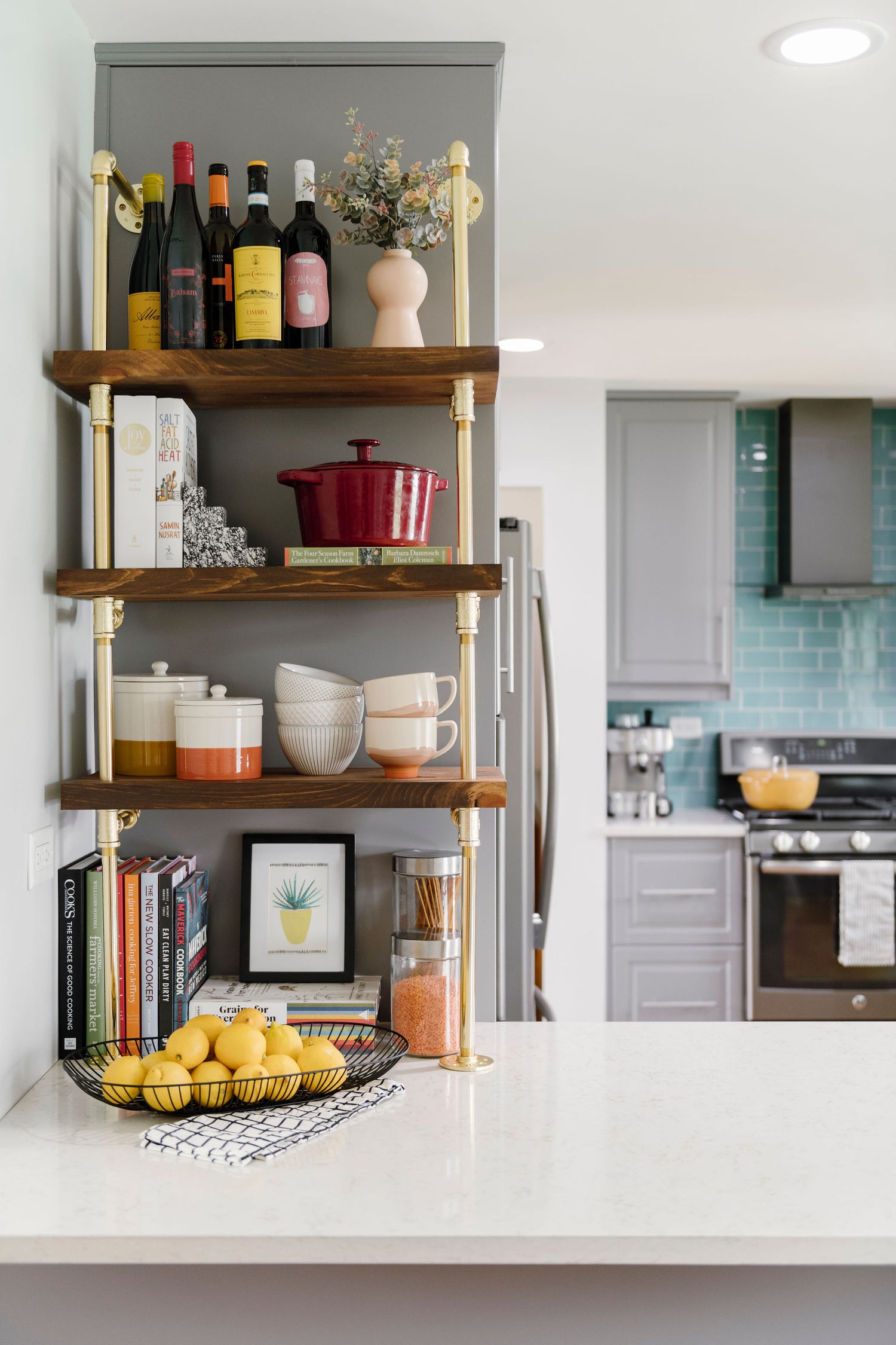 counter to wall unit with brass plated pipes and American walnut shelves kitchen | Soil & Oak