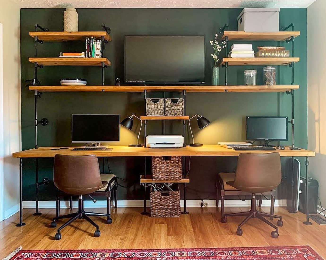 Double built-in desk and bookshelves unit with black pipes and oak butcher block shelves | Soil & Oak