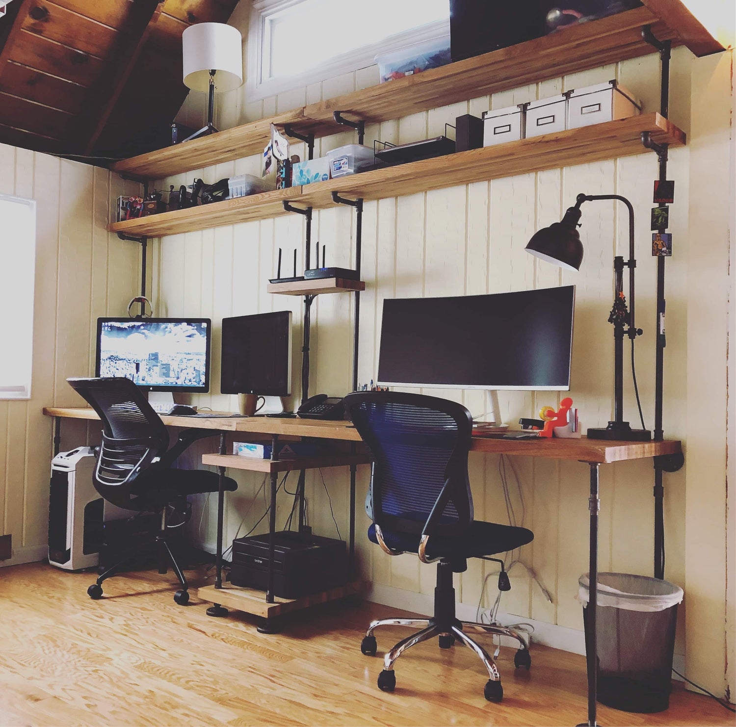 custom double built-in desk with black pipe and oak butcher block shelves | Soil & Oak