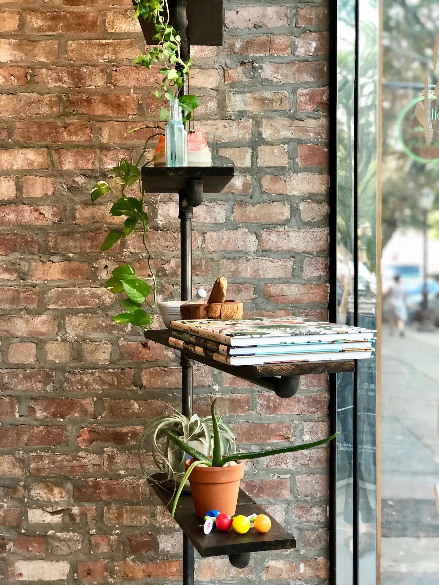 Custom swivel shelves with black pipes and dark stained shelves used for retail store display | Soil & Oak