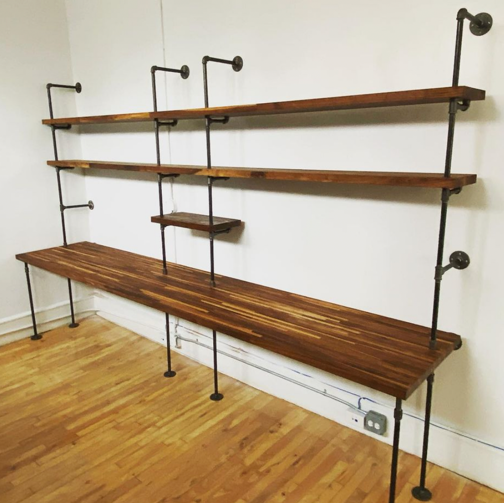 soil & oak double built-in desk with black pipes and American walnut butcher block shelves