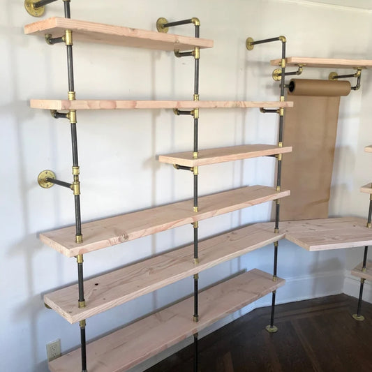 black raw steel pipe with brass plated fittings with natural maple shelves corner unit | Soil & Oak