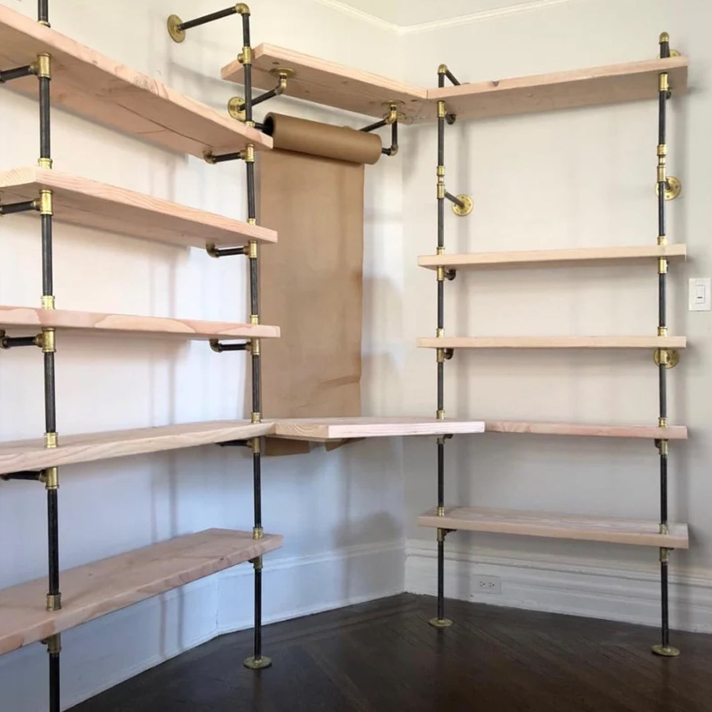 black raw steel pipe with brass plated fittings with natural maple shelves corner unit | Soil & Oak
