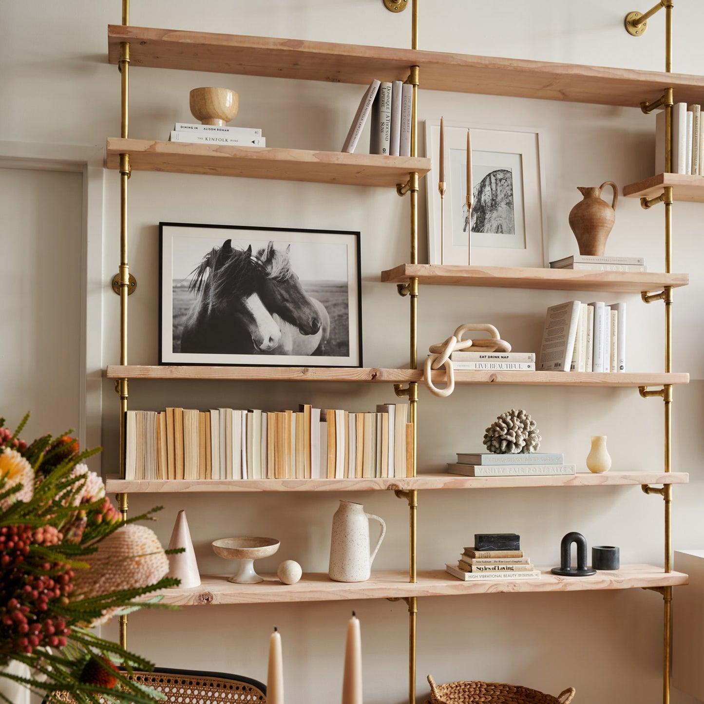 brass plated pipe with maple wood shelves on cream wall | Soil & Oak