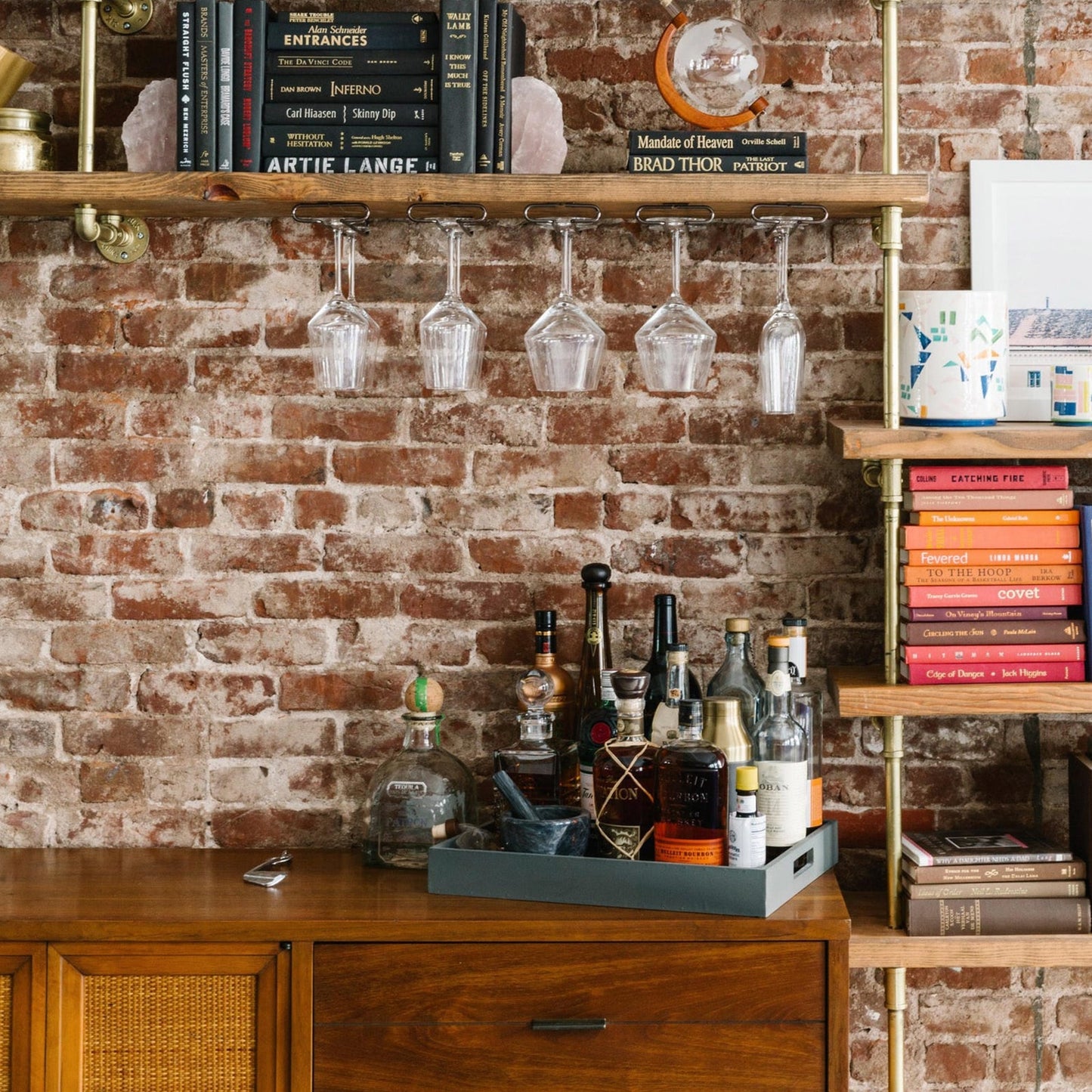 close up of brass plated pipe with oak wood shelves | Soil & Oak