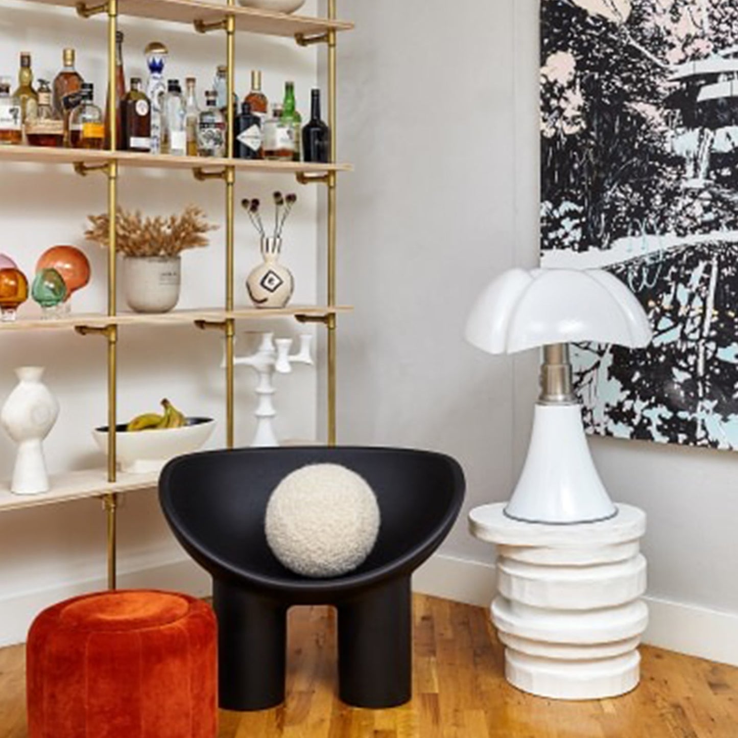 brass plated pipe with birch plywood shelves in a modern living room | Soil & Oak