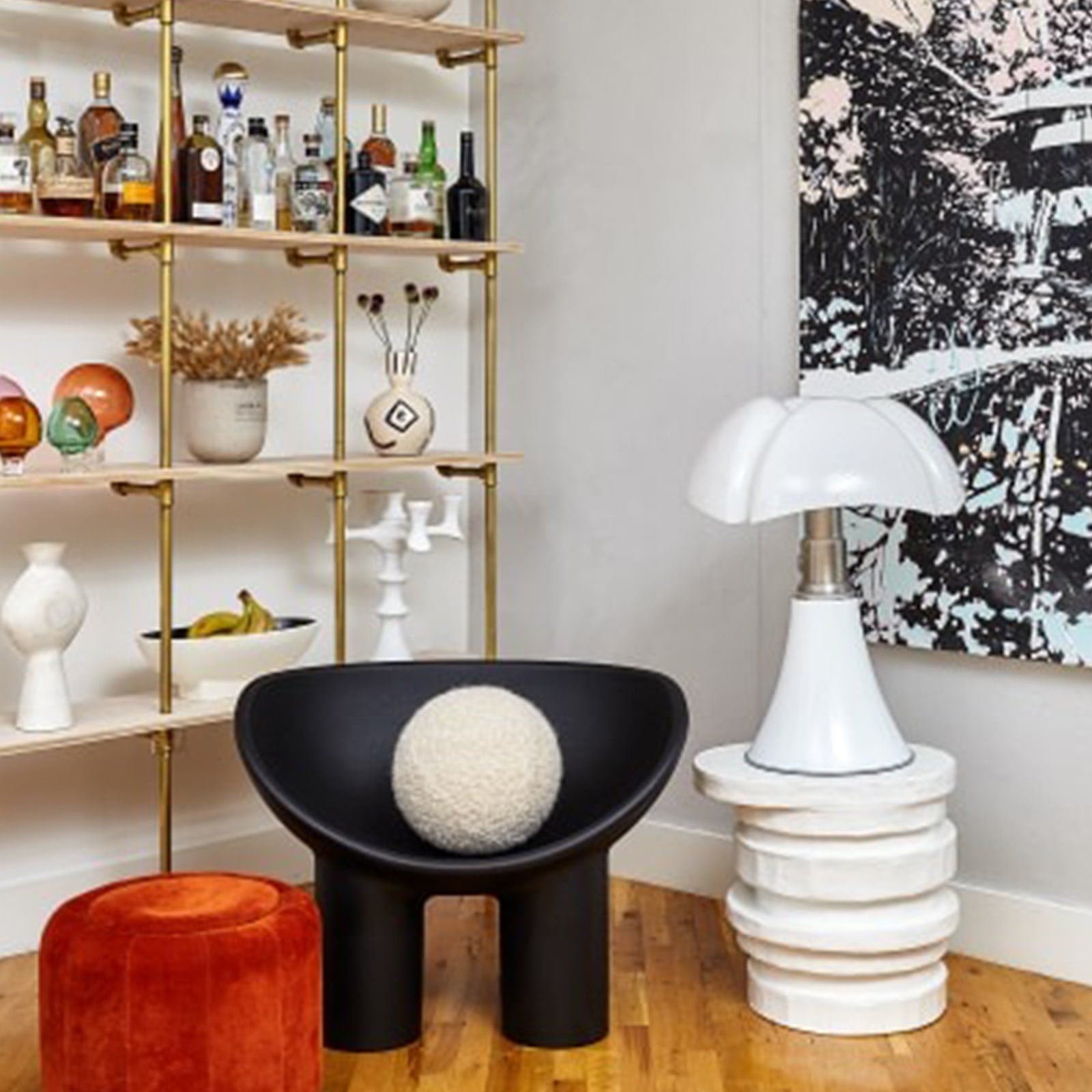 brass plated pipe with birch plywood shelves in a modern living room | Soil & Oak