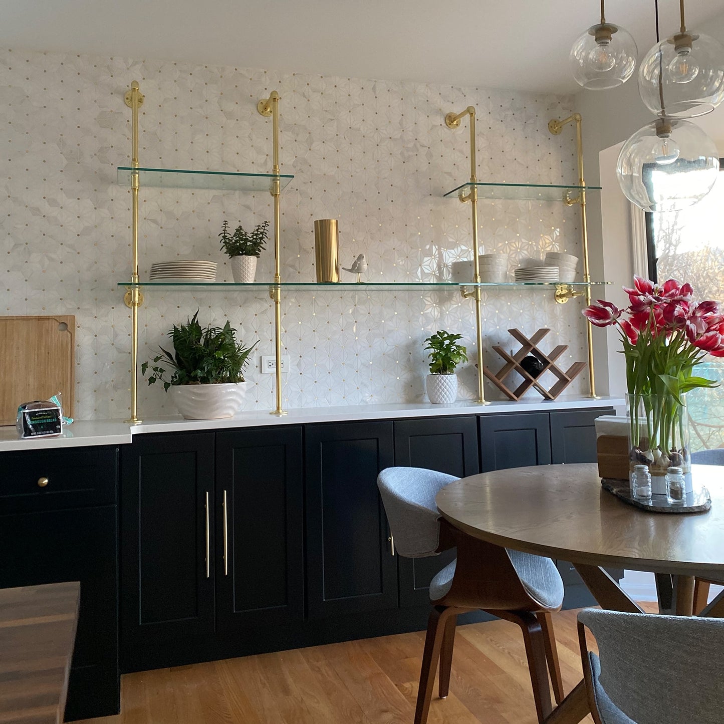 counter to wall unit with brass plated pipes and glass shelves | Soil & Oak