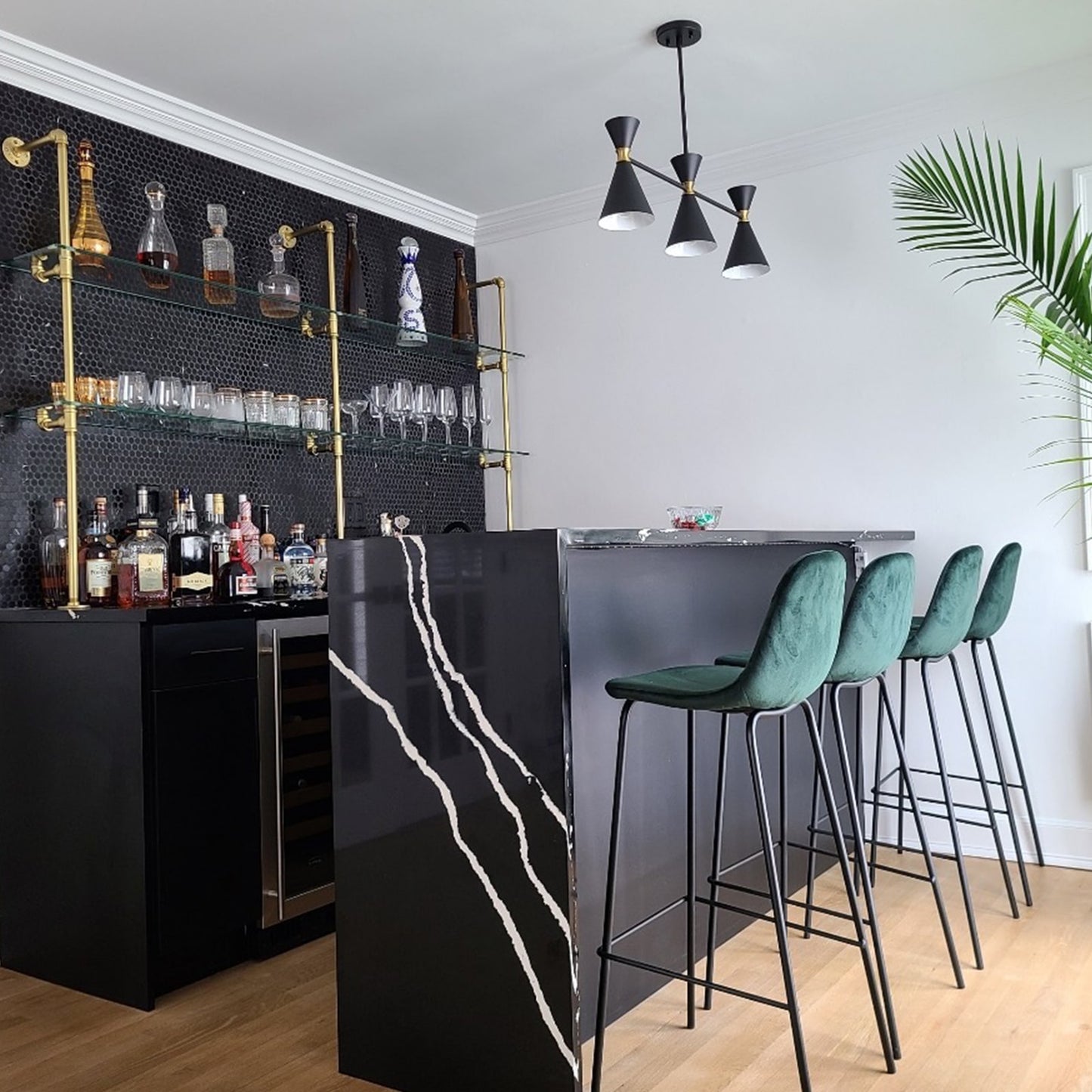 Counter to wall unit with brass plated pipes and glass shelves | Soil & Oak