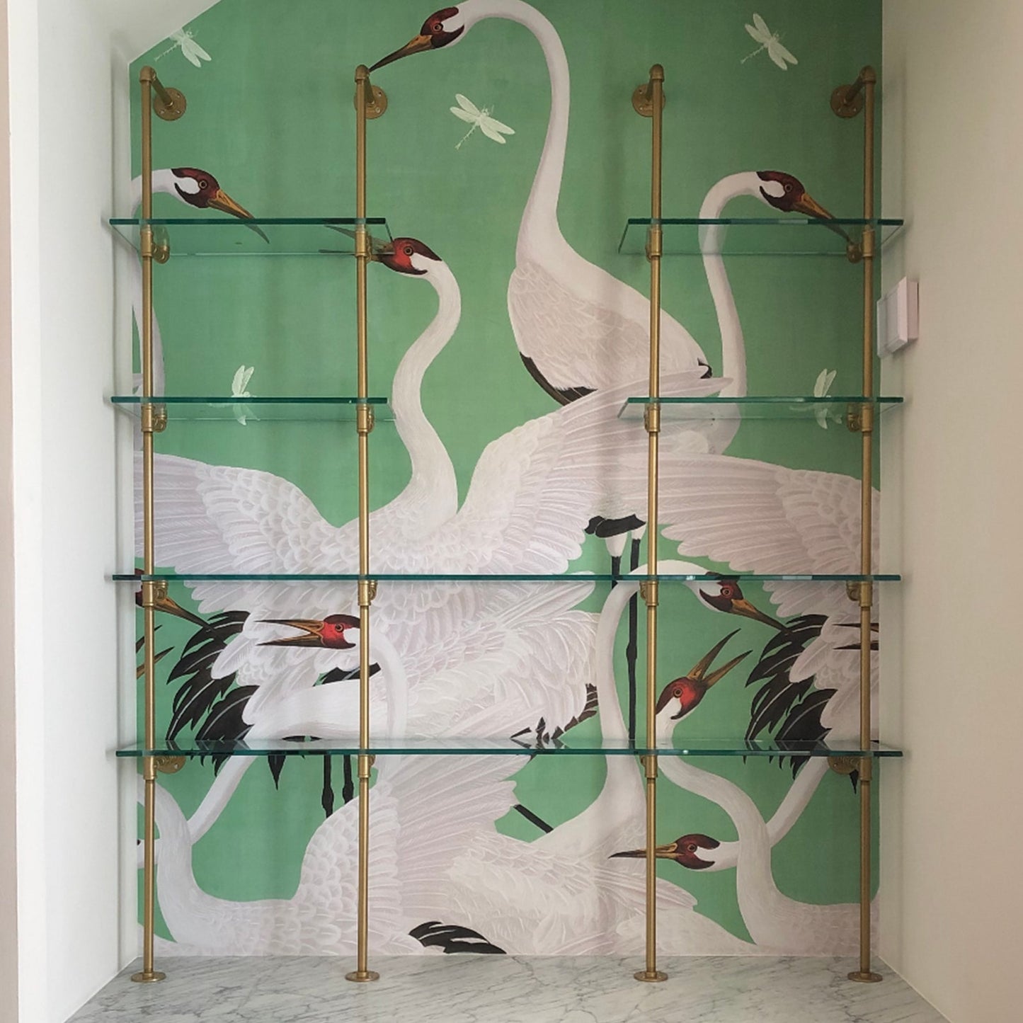 Counter to wall unit with brass plated pipes and glass shelves | Soil & Oak
