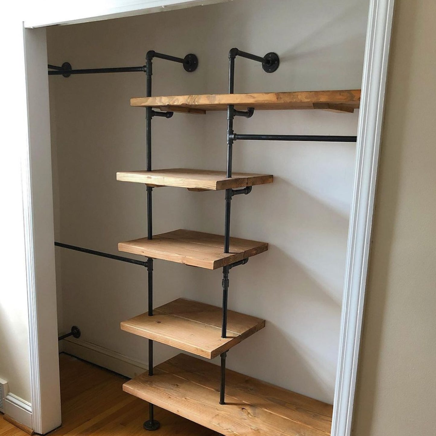 custom home closet organization brass pipe and oak shelves | Soil & Oak