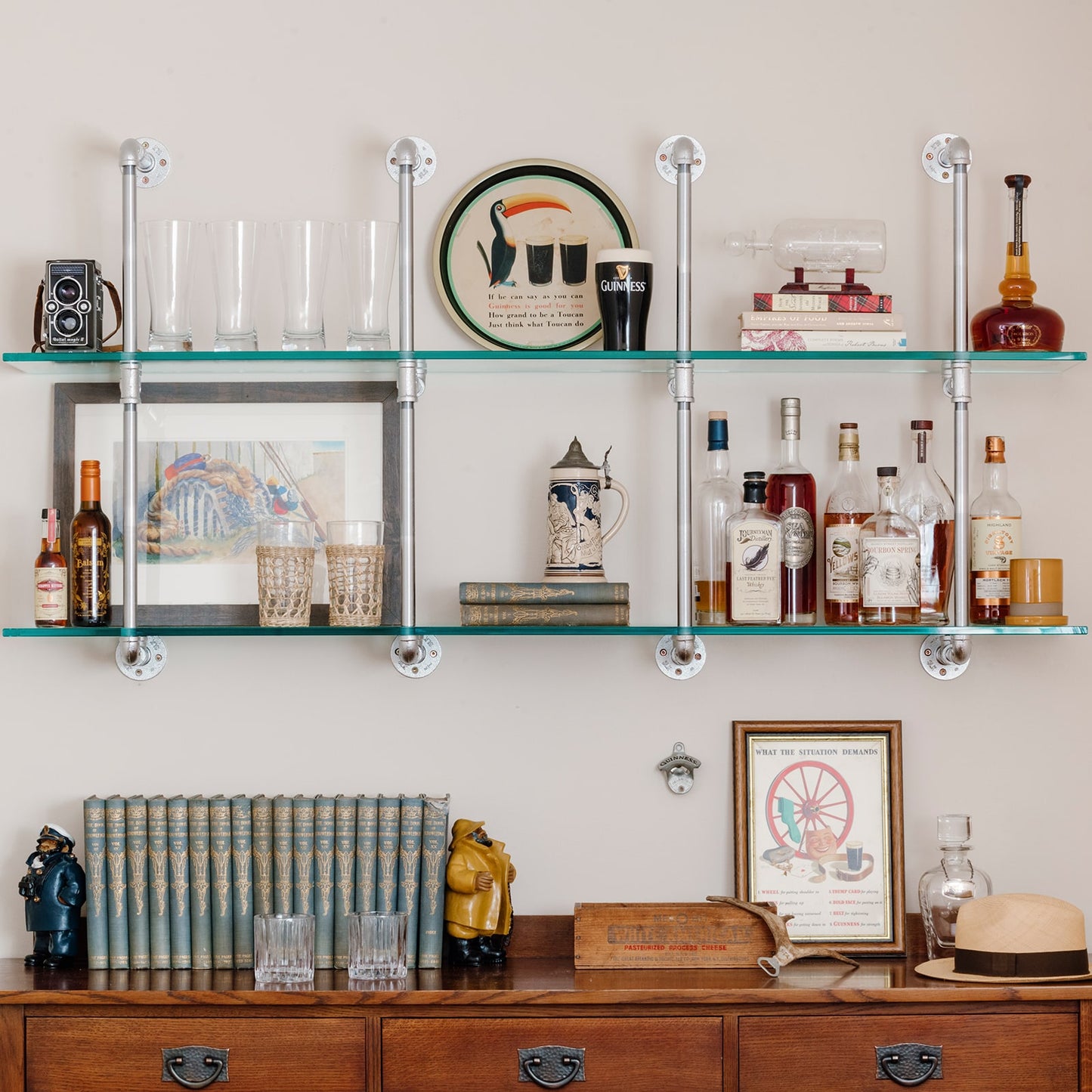 Wall mounted shelving with chrome pipes and glass shelves | Soil & Oak