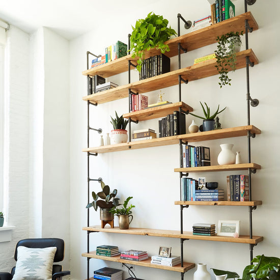 Golden oak Douglas fir wood shelves with black pipes | Soil & Oak