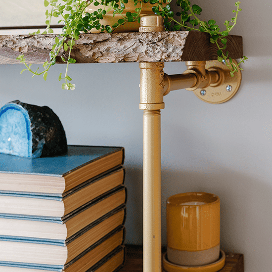 Irish gold powder coat pipes and custom shelves | Soil & Oak