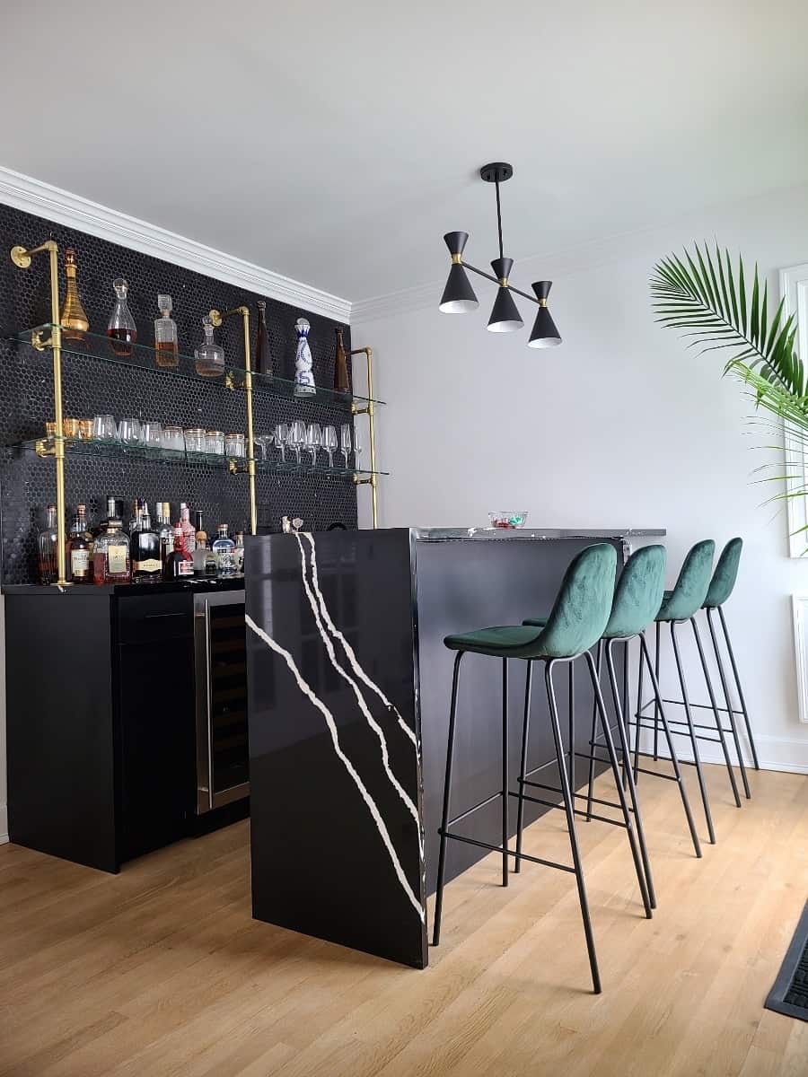 counter to wall bar unit with brass plated pipes and glass shelves | Soil & Oak 
