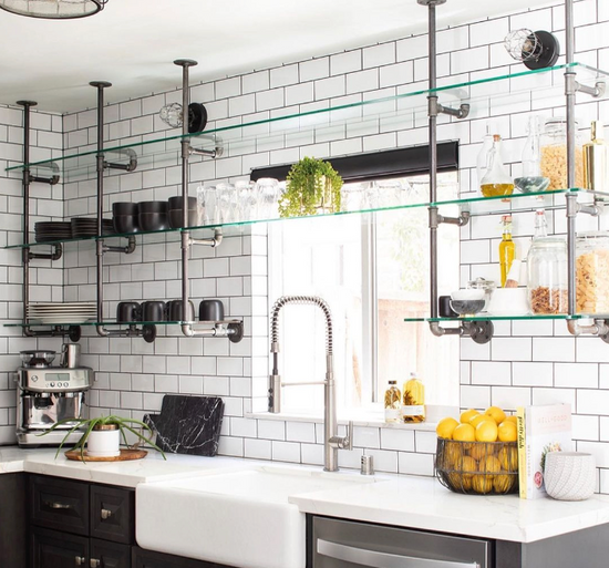 Custom kitchen glass shelves | Soil & Oak