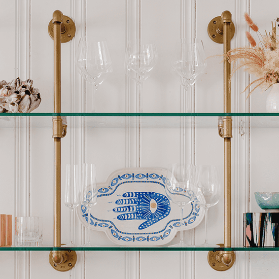 spanish gold pipes and glass shelves | Soil & Oak
