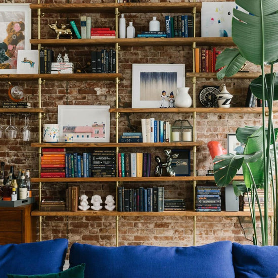 Walnut Douglas fir wood shelves with brass plated pipes | Soil & Oak