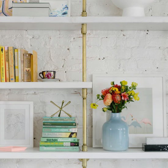 White painted Douglas fir shelves with brass plated pipes | Soil & Oak