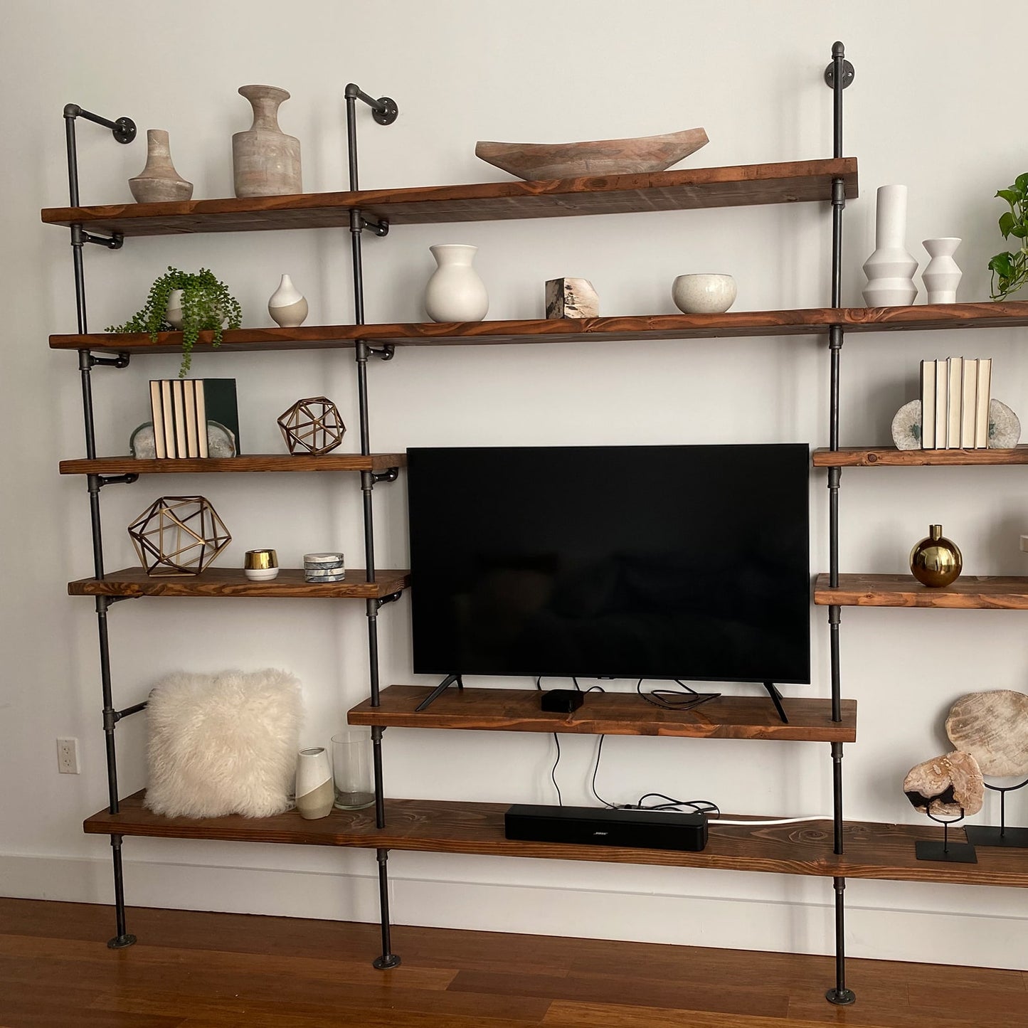 tv unit black steel pipe with oak wood shelves | Soil & Oak 