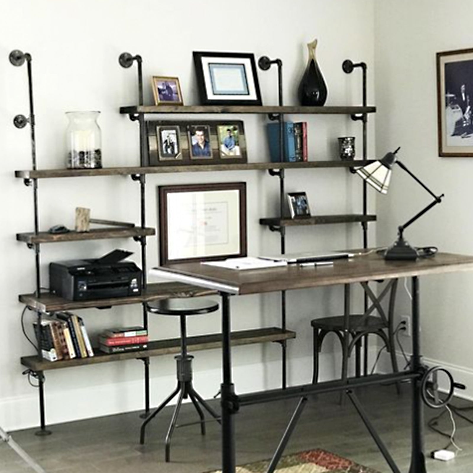 desk with black steel pipe and oak wood shelves | Soil & Oak 