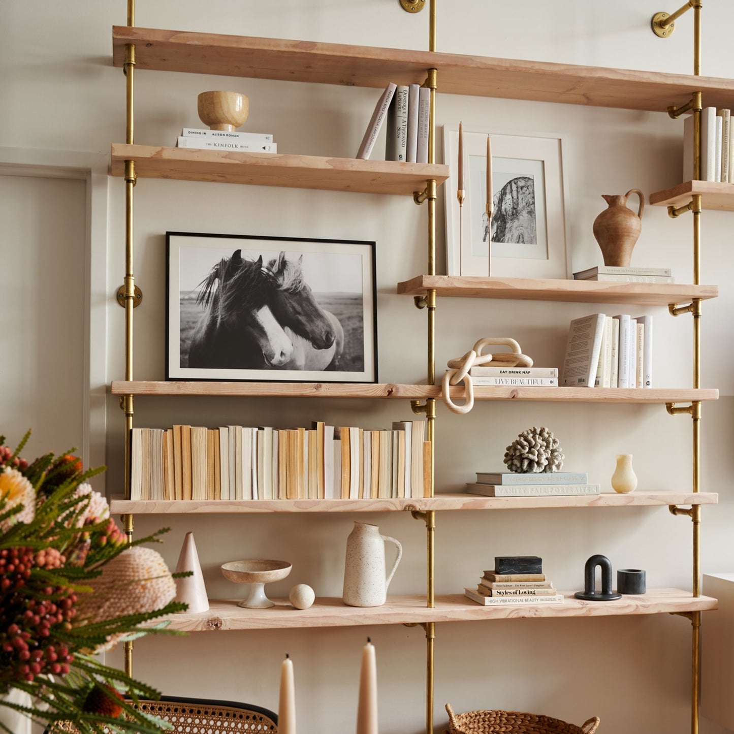 brass plated pipe with maple wood shelves on cream wall | Soil & Oak 