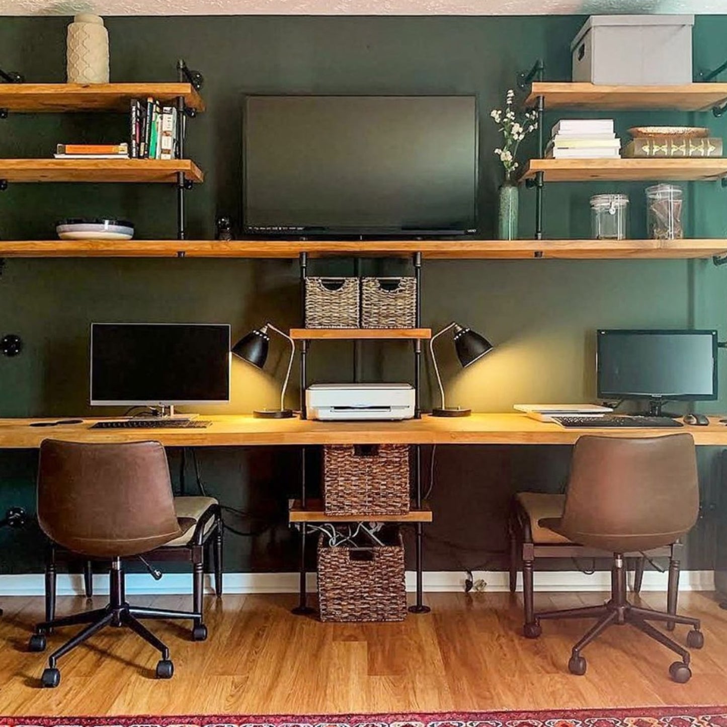 Double built-in desk with black pipe and oak butcher block shelves | Soil & Oak 