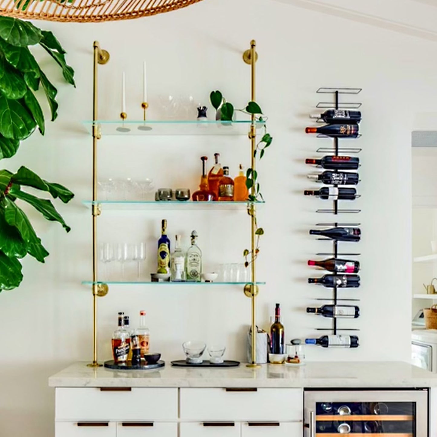 Counter to wall unit with brass plated pipes and glass shelves | Soil & Oak 